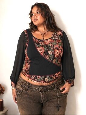 Y2K Witchy Sheer Paisley Patchwork Blouse Beaded Bishop Sleeve Whimsigoth Goblin